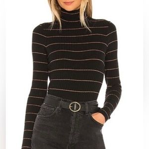 Vince Black Striped Ribbed Turtleneck Long Sleeve Top